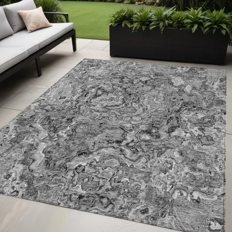 5' X 8' Gray Charcoal And Silver Abstract Washable Indoor Outdoor Area Rug
