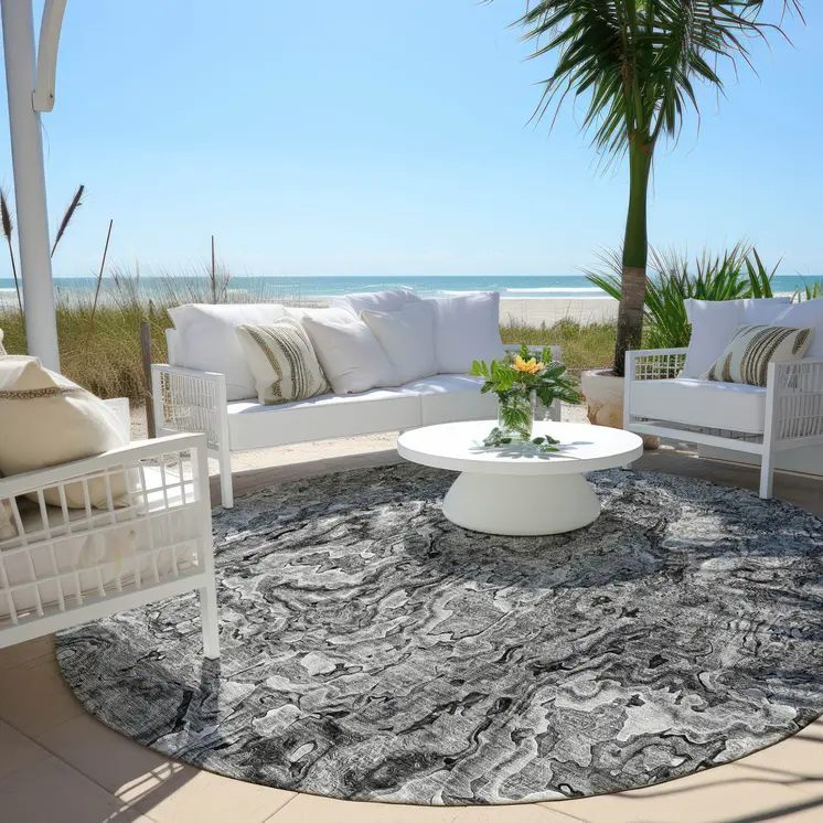8' Gray Charcoal And Silver Round Abstract Washable Indoor Outdoor Area Rug