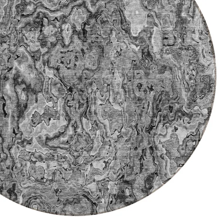 8' Gray Charcoal And Silver Round Abstract Washable Indoor Outdoor Area Rug