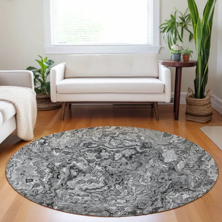 8' Gray Charcoal And Silver Round Abstract Washable Indoor Outdoor Area Rug