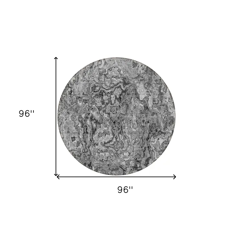 8' Gray Charcoal And Silver Round Abstract Washable Indoor Outdoor Area Rug