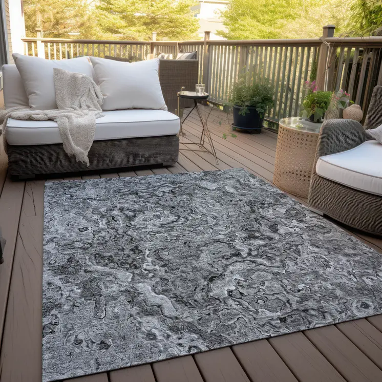 8' X 10' Gray Charcoal And Silver Abstract Washable Indoor Outdoor Area Rug