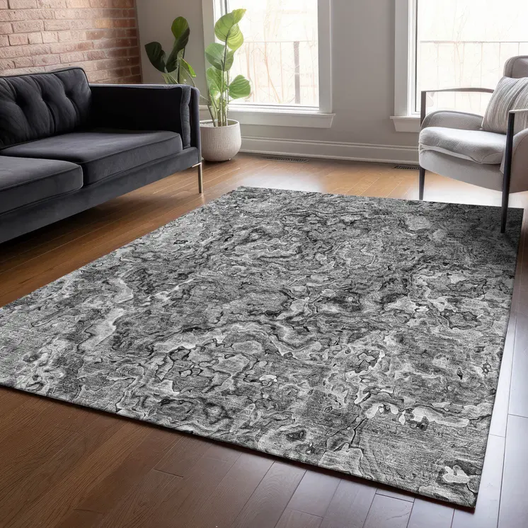 8' X 10' Gray Charcoal And Silver Abstract Washable Indoor Outdoor Area Rug