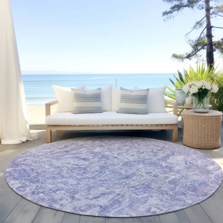 8' Plum Purple And Lavender Round Abstract Washable Indoor Outdoor Area Rug