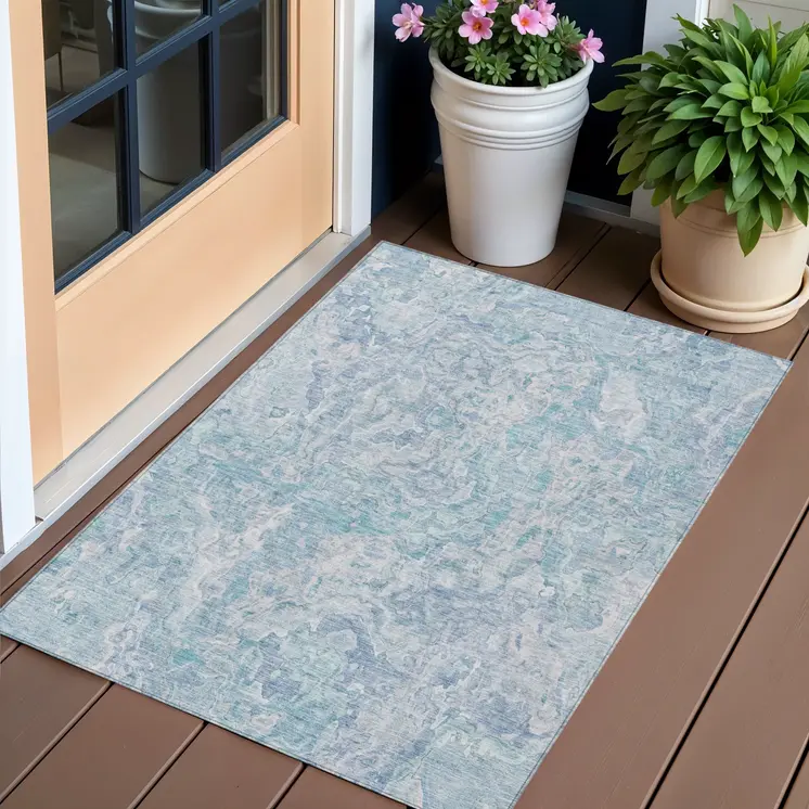 3' X 5' Sky Blue And Denim Blue Abstract Washable Indoor Outdoor Area Rug