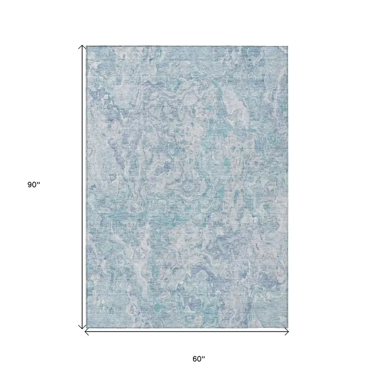 5' X 8' Sky Blue And Denim Blue Abstract Washable Indoor Outdoor Area Rug