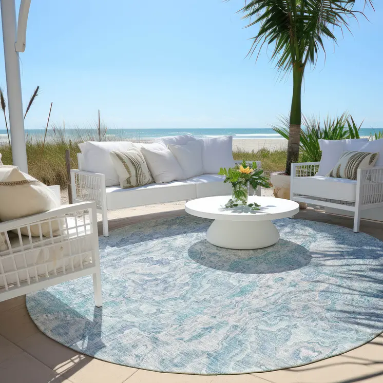 8' Sky Blue And Denim Blue Round Abstract Washable Indoor Outdoor Area Rug