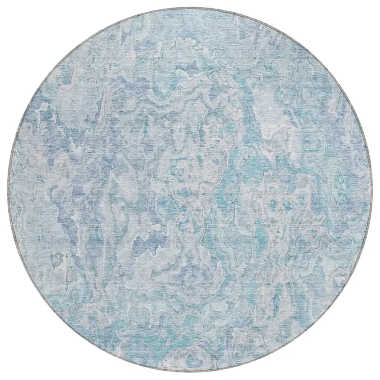 8' Sky Blue And Denim Blue Round Abstract Washable Indoor Outdoor Area Rug
