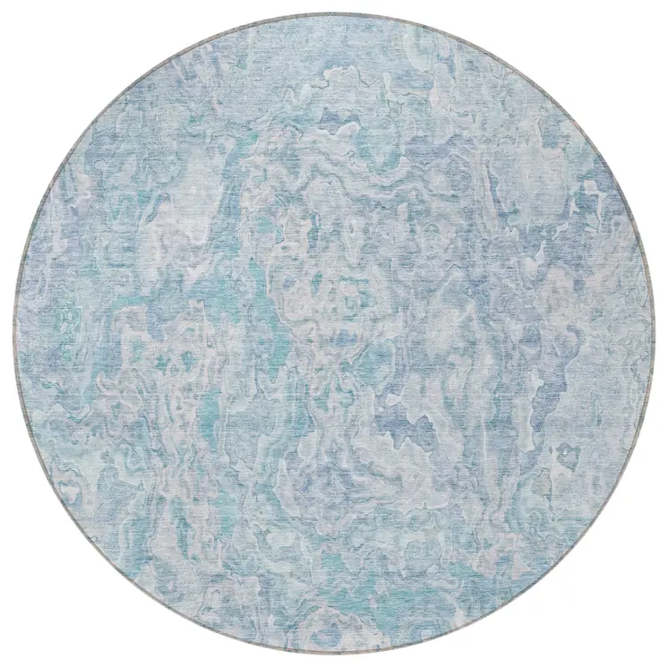 8' Sky Blue And Denim Blue Round Abstract Washable Indoor Outdoor Area Rug
