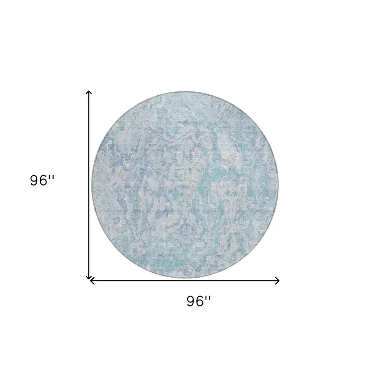 8' Sky Blue And Denim Blue Round Abstract Washable Indoor Outdoor Area Rug