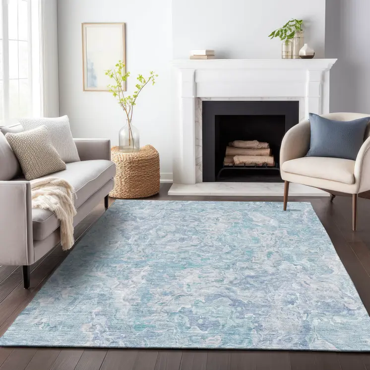 10' X 14' Sky Blue And Denim Blue Abstract Washable Indoor Outdoor Area Rug