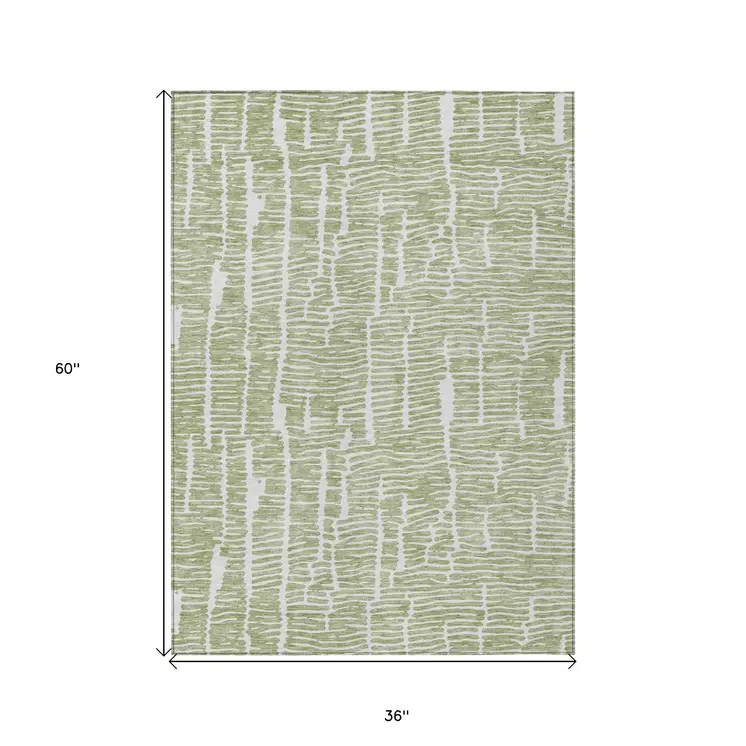 3' X 5' Artichoke Green And Ivory Abstract Washable Indoor Outdoor Area Rug