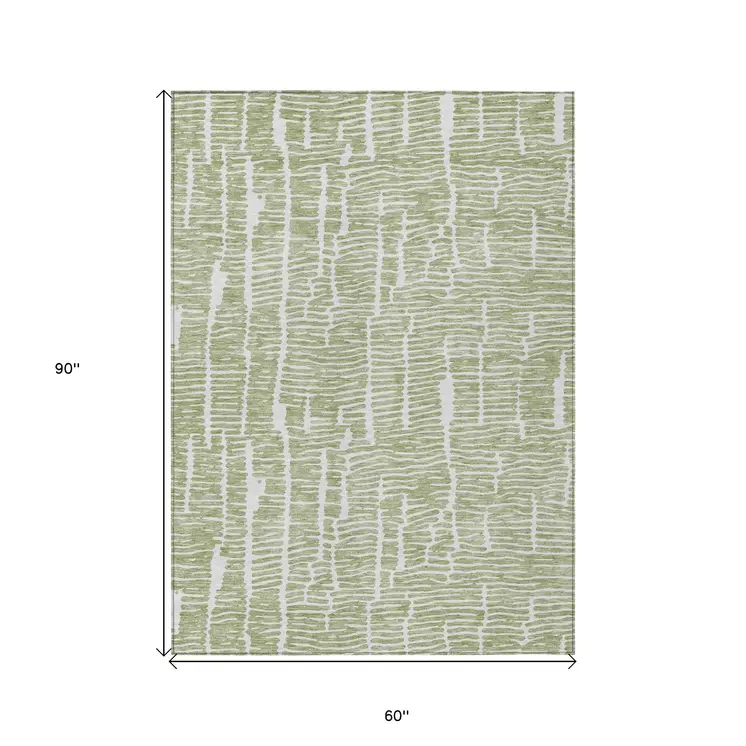 5' X 8' Artichoke Green And Ivory Abstract Washable Indoor Outdoor Area Rug