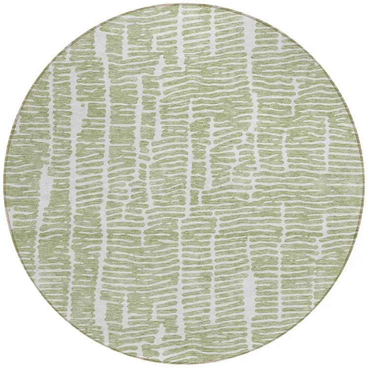 8' Artichoke Green And Ivory Round Abstract Washable Indoor Outdoor Area Rug