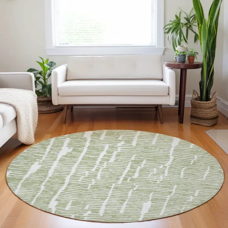 8' Artichoke Green And Ivory Round Abstract Washable Indoor Outdoor Area Rug