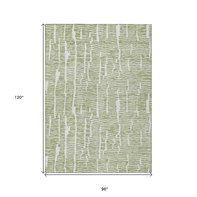 8' X 10' Artichoke Green And Ivory Abstract Washable Indoor Outdoor Area Rug