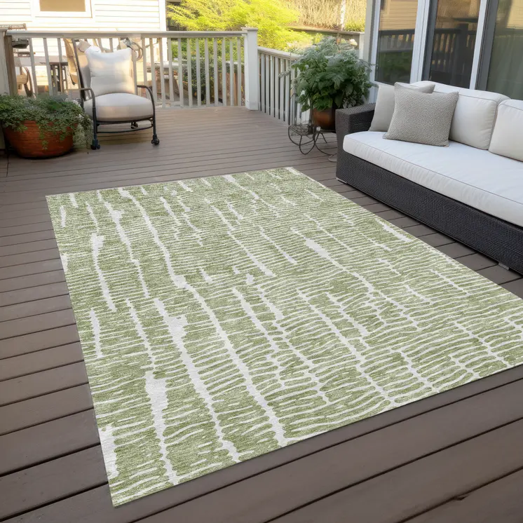 9' X 12' Artichoke Green And Ivory Abstract Washable Indoor Outdoor Area Rug