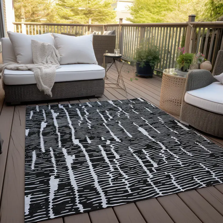 3' X 5' Black And Ivory Abstract Washable Indoor Outdoor Area Rug