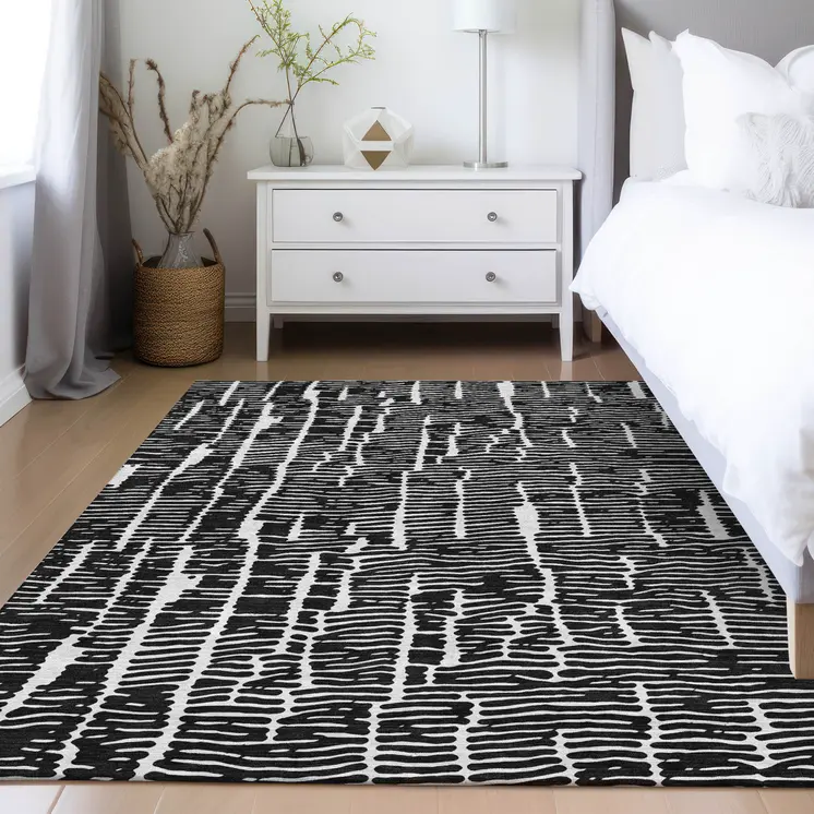 3' X 5' Black And Ivory Abstract Washable Indoor Outdoor Area Rug
