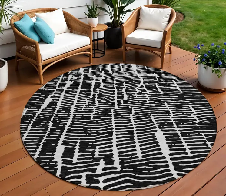 8' Black And Ivory Round Abstract Washable Indoor Outdoor Area Rug