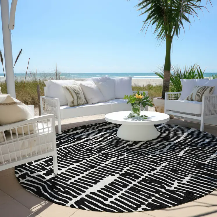 8' Black And Ivory Round Abstract Washable Indoor Outdoor Area Rug