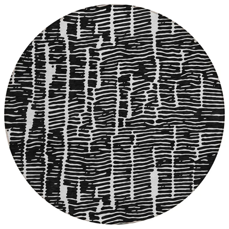 8' Black And Ivory Round Abstract Washable Indoor Outdoor Area Rug