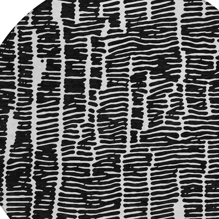 8' Black And Ivory Round Abstract Washable Indoor Outdoor Area Rug