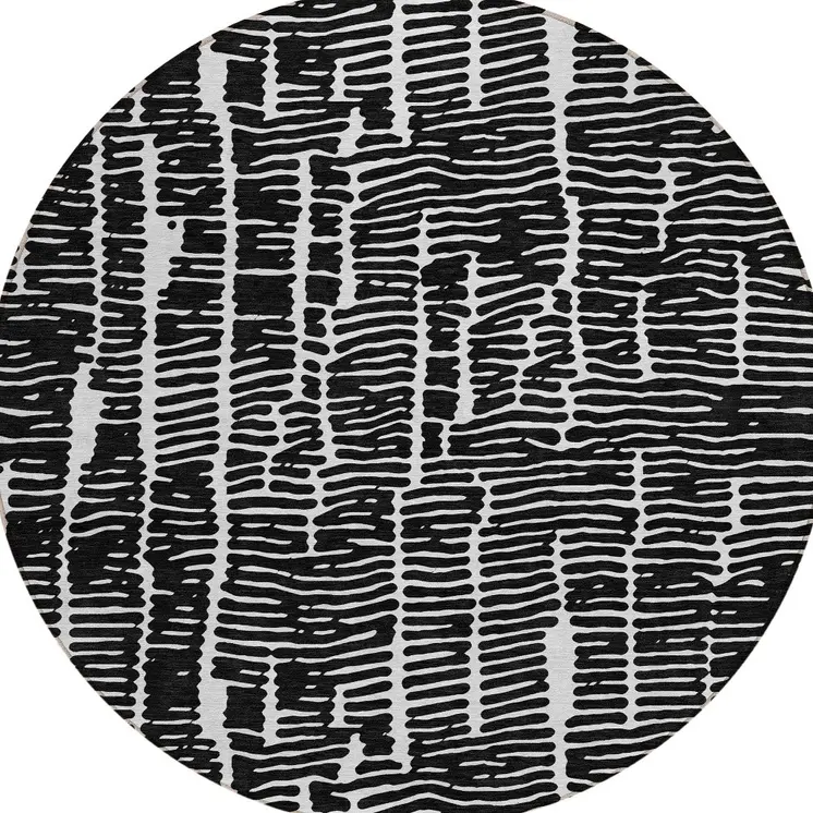 8' Black And Ivory Round Abstract Washable Indoor Outdoor Area Rug