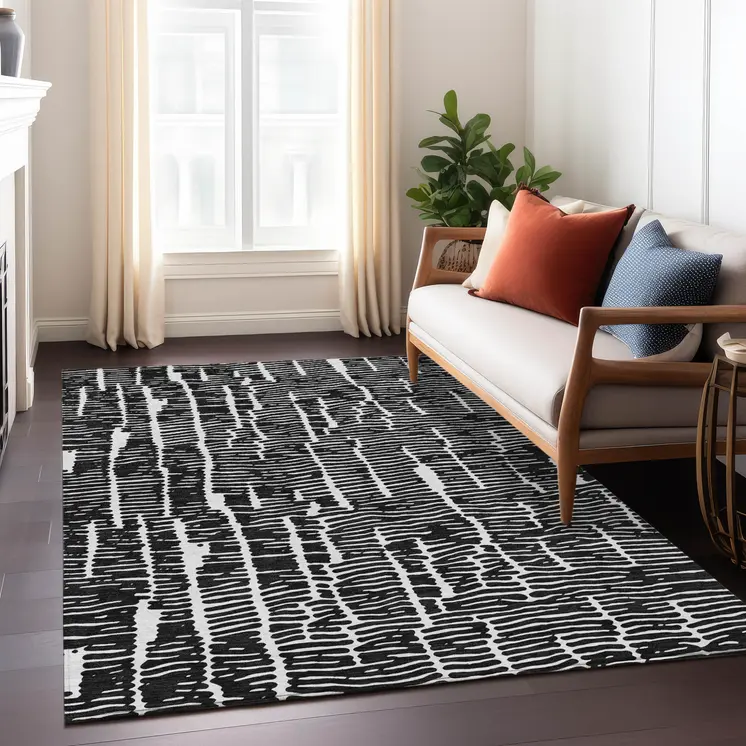 9' X 12' Black And Ivory Abstract Washable Indoor Outdoor Area Rug