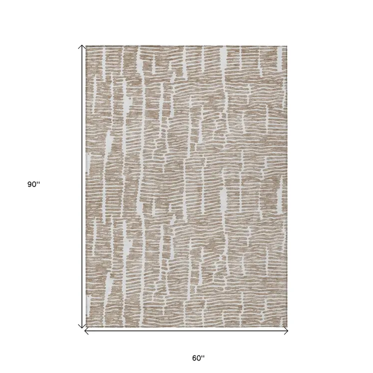 5' X 8' Brown And Ivory Abstract Washable Indoor Outdoor Area Rug