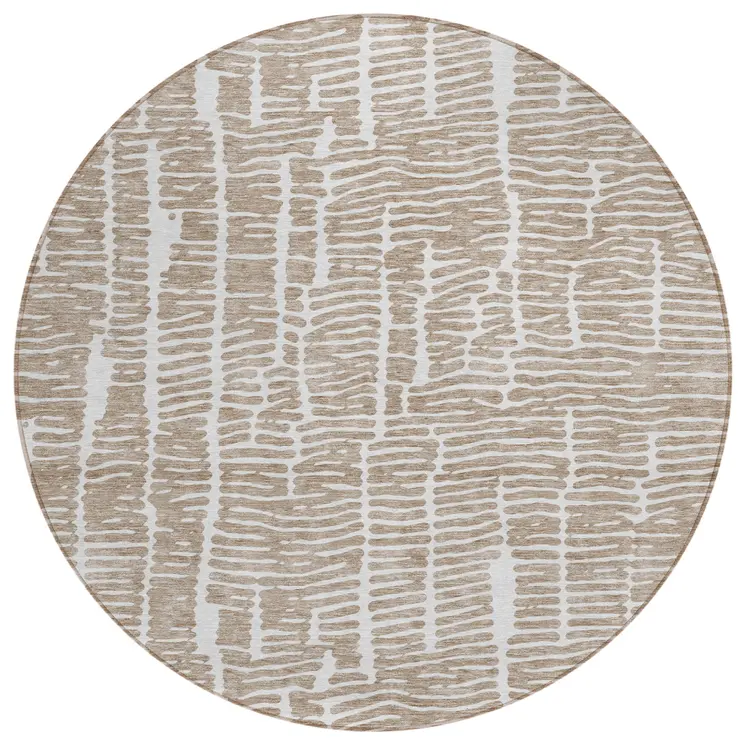 8' Brown And Ivory Round Abstract Washable Indoor Outdoor Area Rug