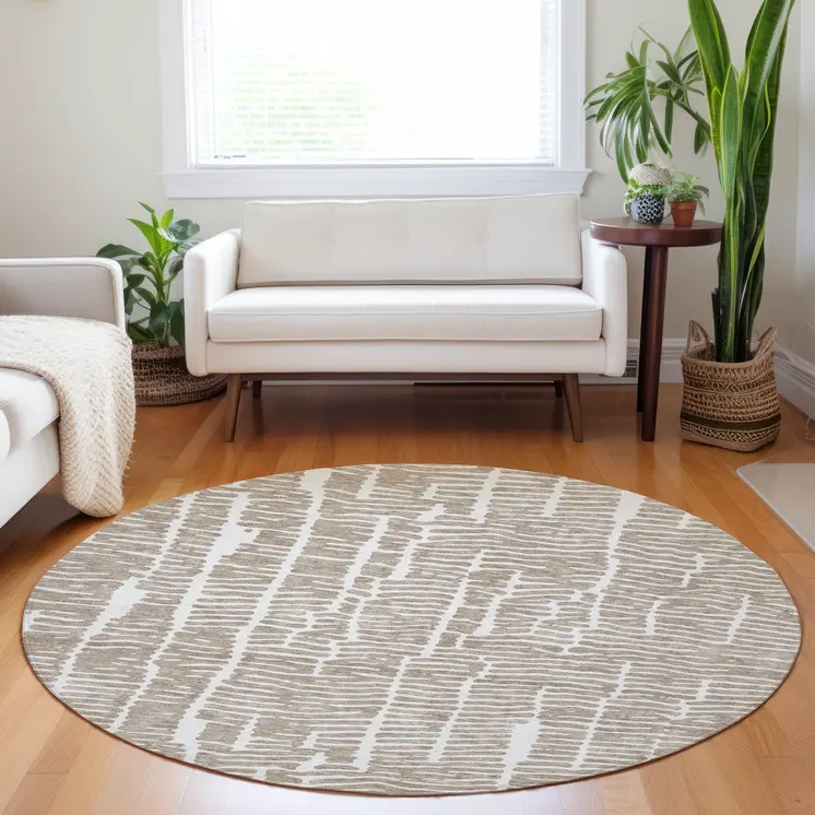 8' Brown And Ivory Round Abstract Washable Indoor Outdoor Area Rug