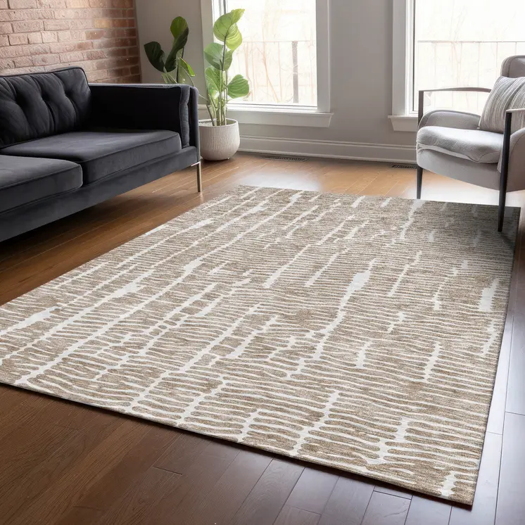 8' X 10' Brown And Ivory Abstract Washable Indoor Outdoor Area Rug