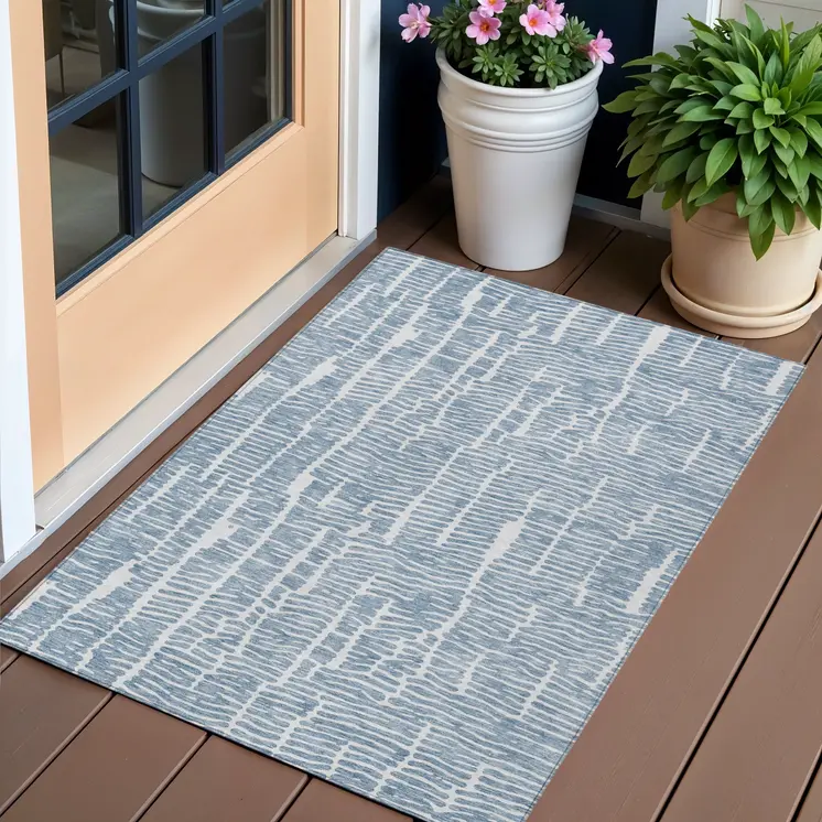3' X 5' Blue And Ivory Abstract Washable Indoor Outdoor Area Rug