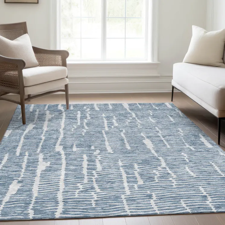 5' X 8' Blue And Ivory Abstract Washable Indoor Outdoor Area Rug