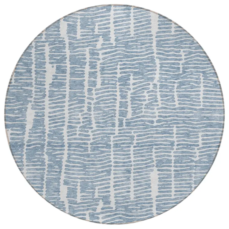 8' Blue And Ivory Round Abstract Washable Indoor Outdoor Area Rug