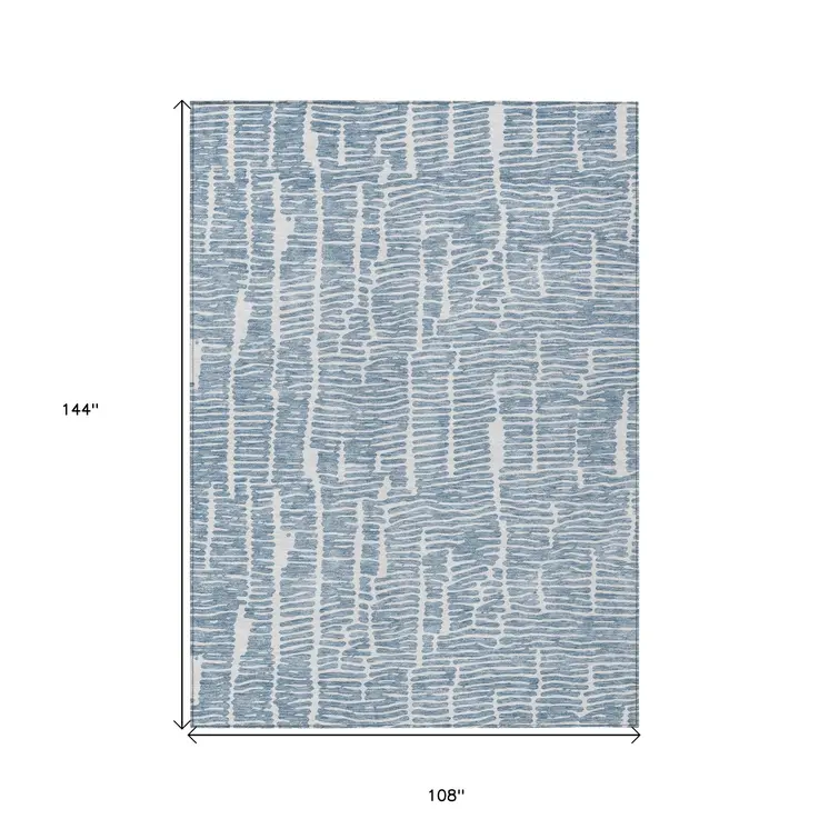 9' X 12' Blue And Ivory Abstract Washable Indoor Outdoor Area Rug