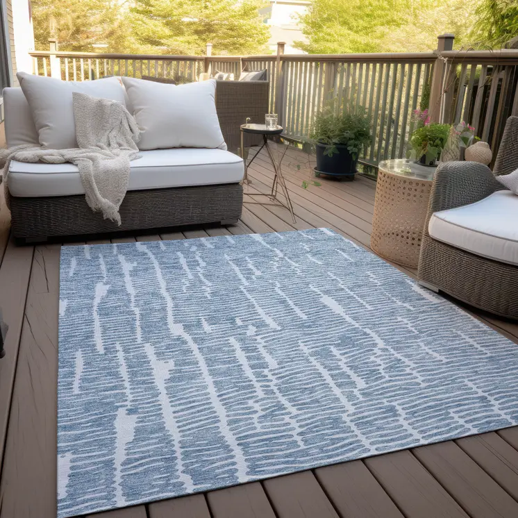 9' X 12' Blue And Ivory Abstract Washable Indoor Outdoor Area Rug