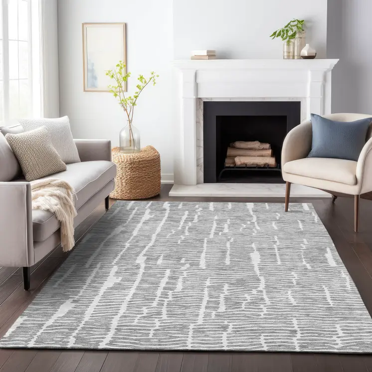 5' X 8' Gray And Ivory Abstract Washable Indoor Outdoor Area Rug