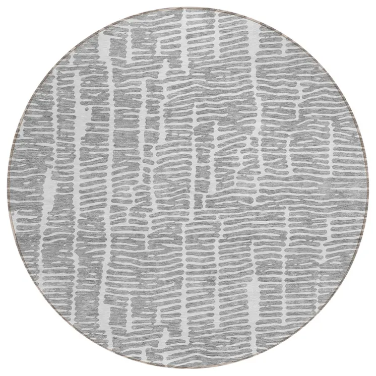 8' Gray And Ivory Round Abstract Washable Indoor Outdoor Area Rug