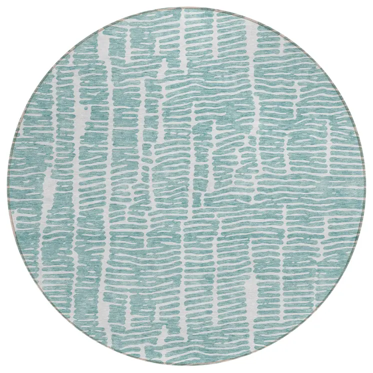 8' Teal Blue And Ivory Round Abstract Washable Indoor Outdoor Area Rug
