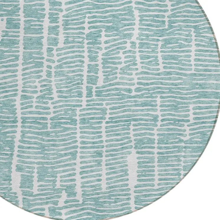 8' Teal Blue And Ivory Round Abstract Washable Indoor Outdoor Area Rug