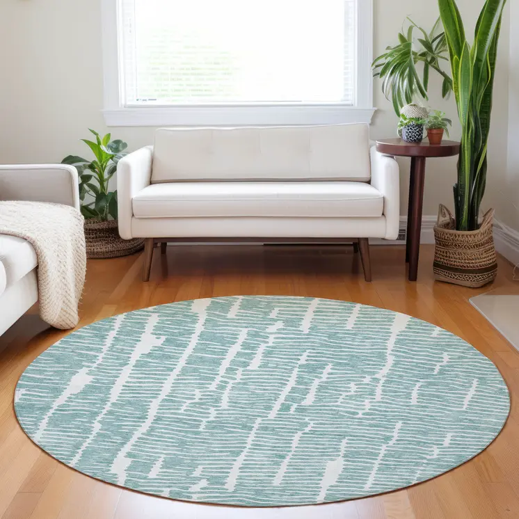 8' Teal Blue And Ivory Round Abstract Washable Indoor Outdoor Area Rug