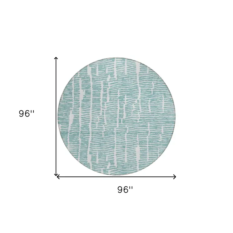 8' Teal Blue And Ivory Round Abstract Washable Indoor Outdoor Area Rug
