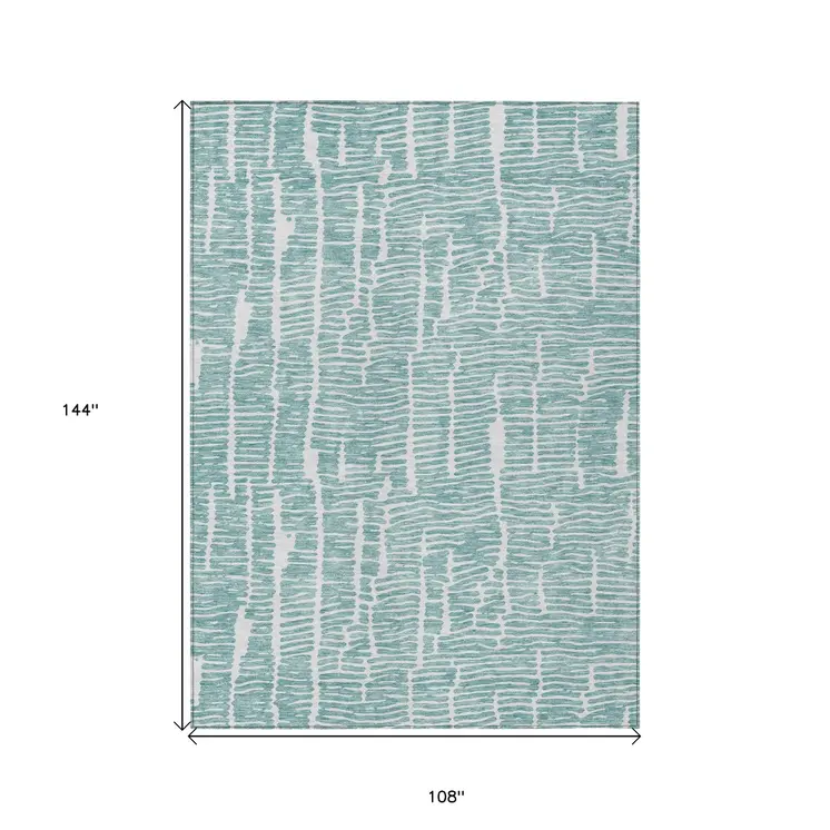9' X 12' Teal Blue And Ivory Abstract Washable Indoor Outdoor Area Rug