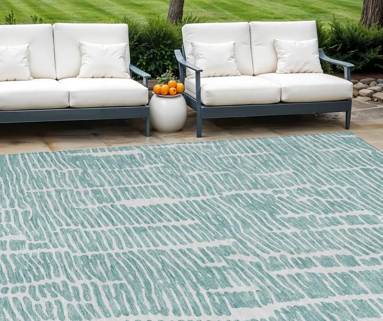 9' X 12' Teal Blue And Ivory Abstract Washable Indoor Outdoor Area Rug