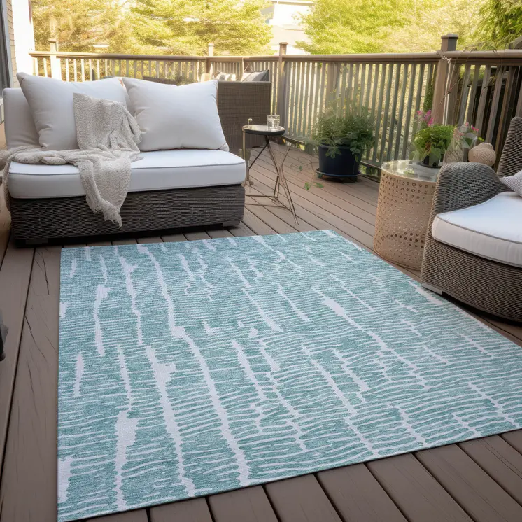 9' X 12' Teal Blue And Ivory Abstract Washable Indoor Outdoor Area Rug
