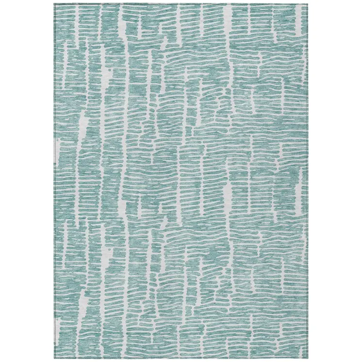 9' X 12' Teal Blue And Ivory Abstract Washable Indoor Outdoor Area Rug