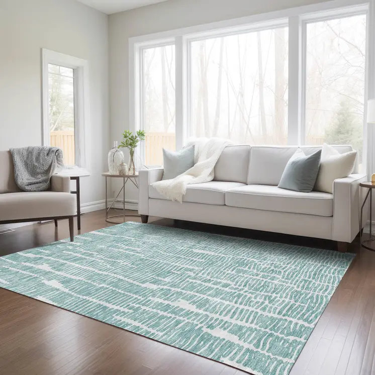 9' X 12' Teal Blue And Ivory Abstract Washable Indoor Outdoor Area Rug