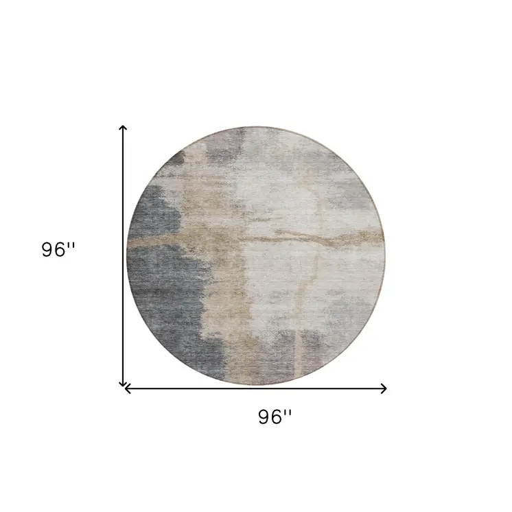 8' Gray Charcoal And Beige Round Abstract Washable Indoor Outdoor Area Rug